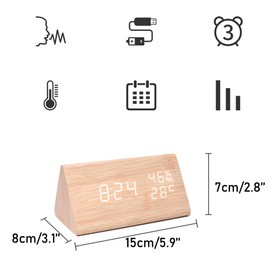 ThreeH Digital Alarm Clock with Wooden Electronic LED Display 3 Alarm Settings Humidity & Temperature Detect Brightness Adjustable Yellow_White