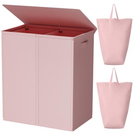 WOWLIVE 154L Double Laundry Hamper with Lid and Removable Laundry Bags, Large Dirty Clothes Hamper 2 section Collapsible Laundry Basket Dorm Room Storage for Bedroom, Bathroom, College,Pink