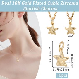 Beebeecart 1 Box of 10 Starfish Pendants with Zirconia 18 Carat Gold-Plated Brass Crystal Starfish with Jump Ring for Jewellery Making in Summer for DIY Earrings and