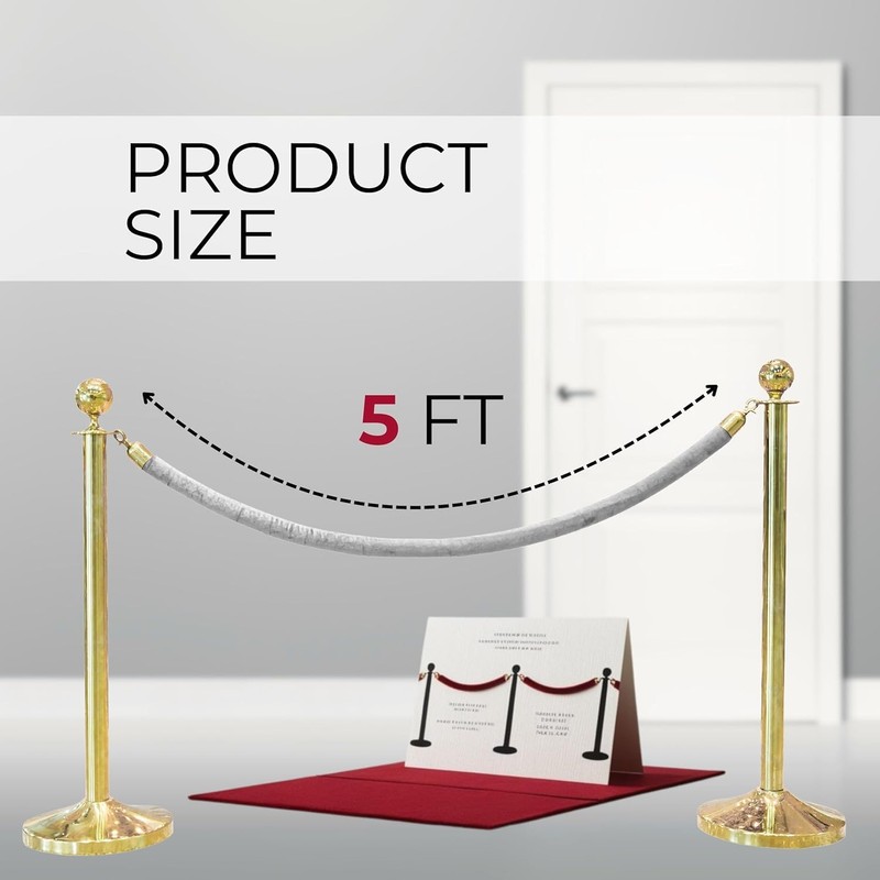 4PCS White Velvet Rope 5FT – Silver Snap Ends Stanchion