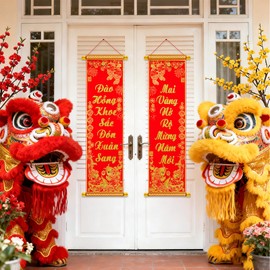APUDWN Vietnamese Lunar New Year Decoration Couplets, Red Hanging Spring Festival Couplets Ornament for Tet 2026, Vietnamese New Year Banners for Tet 2026 Indoor Outdoor Front Door Wall Decorations