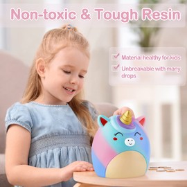 Piggy Bank Girls Unicorn Piggy Banks Cute Unbreakable Resin Coin Money Bank with Stickers Bracelet Set for Kids Toddlers, Periwinkle Turquoise Rainbow