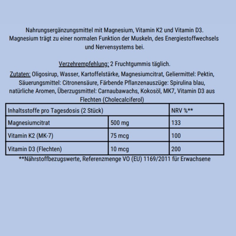 Magnesium Gummis mit Vitamin D3 und K2-500 mg Magnesiumcitrat -