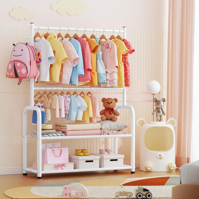ZHKINGGS Kids Clothing Rack with 2-Layer Storage Shelf and 2
