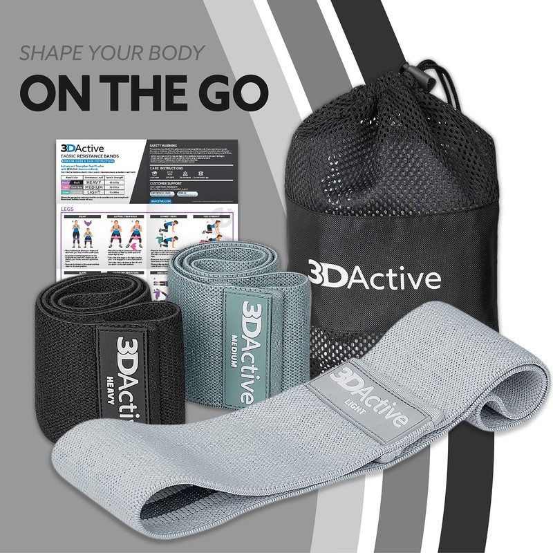 3DActive Fabric Resistance Bands for Legs and Butt. Wide Non-Slip
