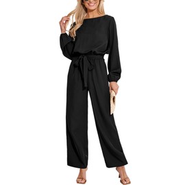 CUPSHE Women's Jumpsuit Boat Collar Long Sleeve Jumpsuit Slit Back Wide Legs Playsuit with Belt Elegant Trouser Suit, black, S
