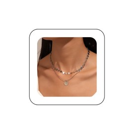 Yienate Boho Layered Sequins Coin Choker Necklace Chain Silver Vintage Disc Pendant Necklace Tiny Sequins Choker Layered Skirt Statement Sequins Necklace Jewellery for Women, Metal Material