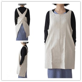 AOBBYBBS Soft Cotton Linen Apron Solid Color Halter Cross Bandage Aprons Japanese Style X Shape Double Pockets Kitchen Cooking Clothes Gift for Women Chef Housewarming -Beige