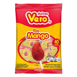 Vero Mango Flavored Acidulated Hard Candy Lollipops Coated with Chili: 120 Pieces - Wgg12