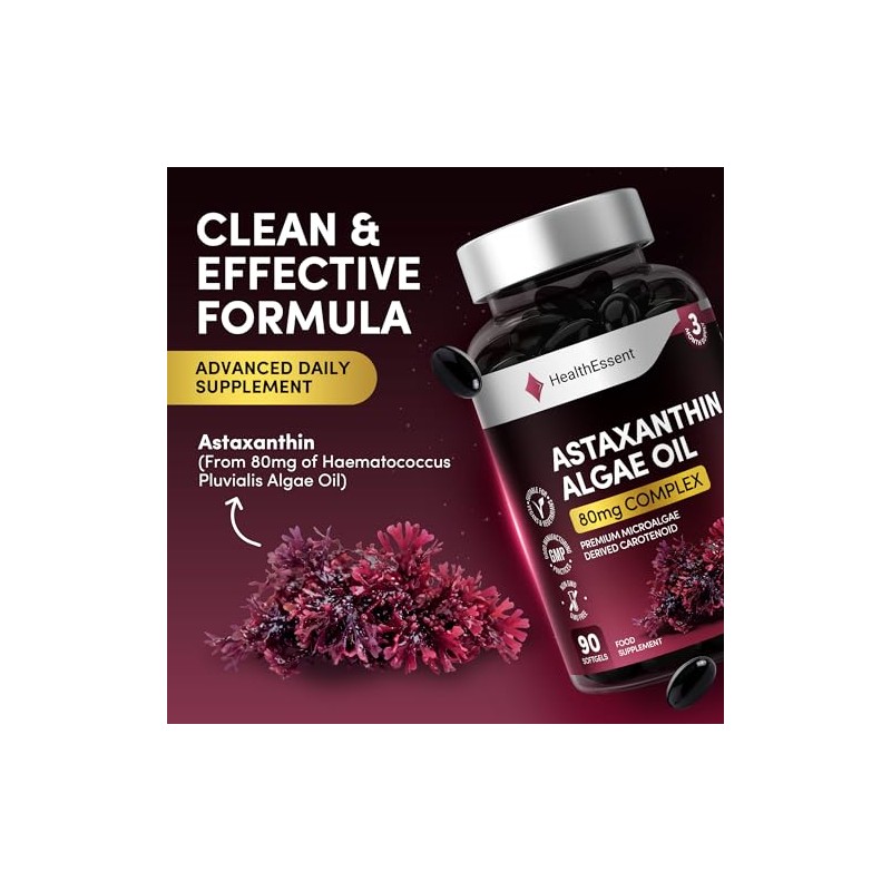 HealthEssent Astaxanthin High Strength Algae Oil 80mg Complex - Microalgae