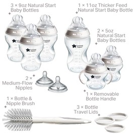 Tommee Tippee Set de 12 Piezas Natural Start Libres de BPA, Incluye 2 Biberones de 150 ml (5 oz), 3 de 260 ml (9 oz) y 1 de 330 ml (11 oz), Recién Nacido 0+ Meses, Tetinas Tipo Pecho de Flujo Lento, Medio y Espeso, Cepillo de Limpieza, Transparente