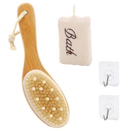 Dry Brush mit Natürlichen Borsten,Trockenbürste Körper, Körperbürste Nass- und Trockenanwendung, Massagebürste Duschbürste zum Peeling, Fördert die Lymphdrainage, Rückenbürste Dusche mit Badeschwamm