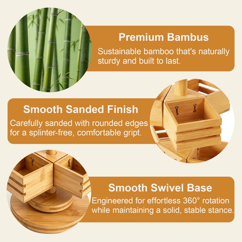 3-Tier Rotating Bamboo Tea Bag Organizer Carousel, Holds 108 Tea