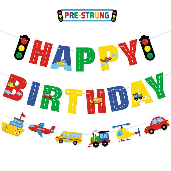 Transportation Happy Birthday Banner Car Bus Train Plane Ship Helicopter Traffic Light Photo Props Garland for Kids Transportation Theme Birthday Party Decorations Baby Shower Supplies