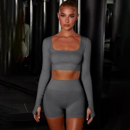 WOAZNSK Ropa Deportiva Mujer 2 piezas,Conjunto Deportivo Mujer,Long Sleeve Yoga Outfits y Pantalones Cortos,Trajes de Entrenamiento sin Costuras para Yoga, Correr, Fitness