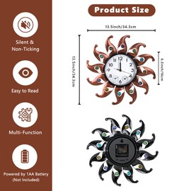 HOBYLUBY Sun Outdoor Clock Silent Non-Ticking, Outdoor Wall Clock with Thermometer & Humidity Combo Outside Clocks for Patio, Garden, Home Decor