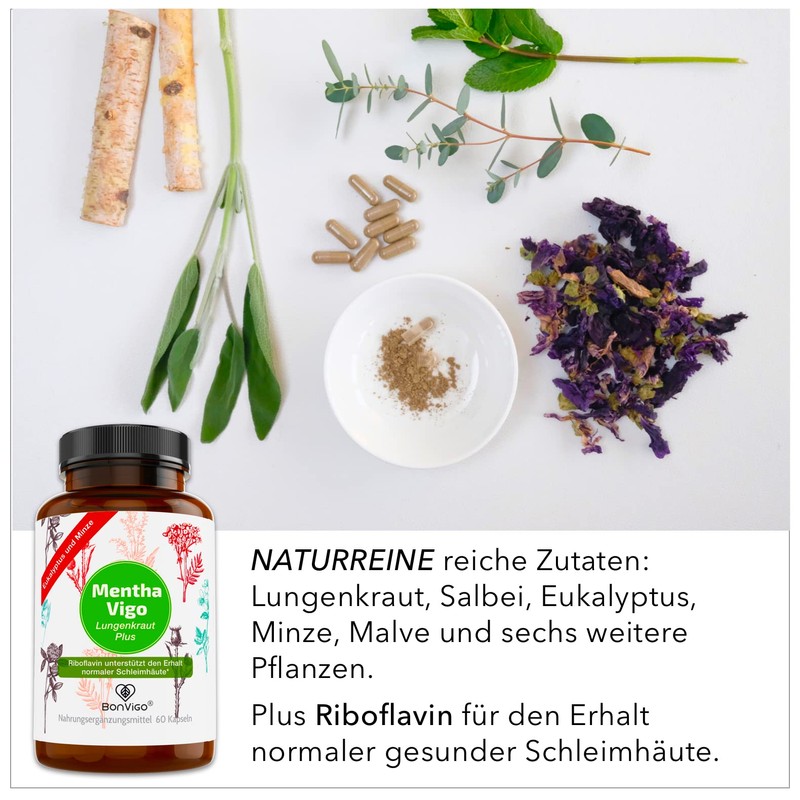 BonVigo® MenthaVigo Lungwort & Eucalyptus, 300 Capsules, 11 Plant Extracts,