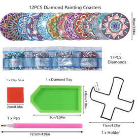 Minnhua 12Pcs Diamond Painting Coasters Diamond Art Coasters with Stand Diamond Arts and Crafts Painting Coasters DIY Mandala Cup Coasters Diamond Painting Kits for Kids Adults Beginners