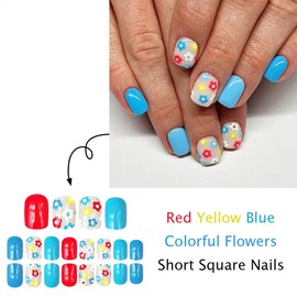 Square Press on Nails Short Blue Fake Nails with Colorful Flowers Designs Cute Full Cover Acrylic Glue on Nails Summer False Nails Art Glossy Glue on Nails for Women Girls 24 Pcs