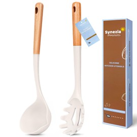 Silicone Soup Ladle with Spaghetti Spoon, Large Ladle Spoons Set, Nonstick Pasta Server Cooking Spoon, Heat Resistant Pasta Fork, Kitchen Cooking Utensils for Serving Soup, Noodle, Sauce (CREAM)