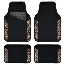 CAR PASS Bling Diamond Car Floor Mats, Shining Rhinestone Carpet Sparkly Glitter Crystal with Anti-Slip PVC Heel Pad Waterproof Universal Fit Automotive SUV,Sedan,Van,Cute Girl Women,4pcs Gold Leopard