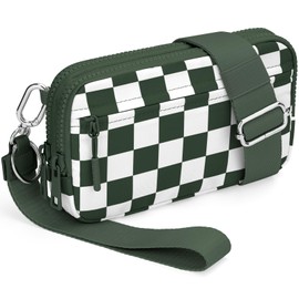 Wristlet Crossbody Wallets for Women Nylon Quilted Travel Bag Wallet with Strap, 4 Zippers Cell Phone Bag Purse (Inky Green)