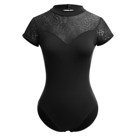 IDOPIP Ballet Leotards for Women Adult Turtleneck Floral Lace Short Sleeve Dance Leotard with Bra Elegant Backless Gymnastics Leotards Dance Ballet Tank Ballerina Costume Dancewear Black L