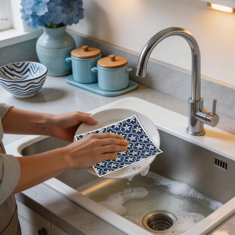 VISSTREE Swedish Dishcloths for Kitchen, Blue Japanese Pattern Dish Cloths