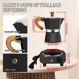 DITOSH 2-in-1 Moka Pot Espresso Set with Electric Stove 3 Cup Aluminum Stovetop Coffee Maker Percolator Italian Classic Mocha Coffee Machine for Italian and Cuban Cafe Brewing Portable Camping Black