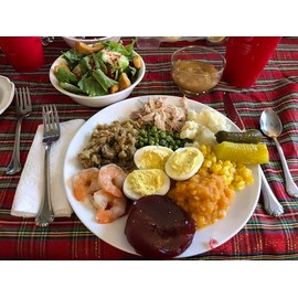 24x36 gallery poster, A Thanksgiving dinner with roast turkey mashed potatoes pickles corn candied yams cranberry jelly shrimps stuffing green peas deviled eggs green salad and apple sauce