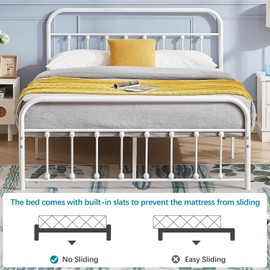 VECELO White Metal Bed Frame Queen Size with Vintage Headboard and Footboard, No Box Spring Needed, Premium Stable Steel Slat Support Mattress Foundation