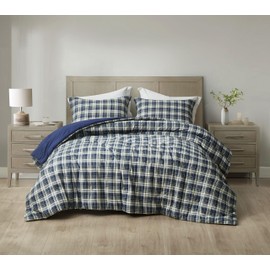 Chezmoi Collection Chad 2-Piece Twin Size Washed Cotton Plaid Comforter Set - Blue Green Light Beige Plaid Printed Bedding Set Reversible Lightweight Comforter for All Season