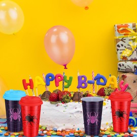 Teenyyou 24 Pcs Spider Cups Spider Party Supplies 16oz Thick Plastic Disposable Reusable Web Birthday Cups with Lids Plugs End of the Year Gifts Bulk (Red,Purple)