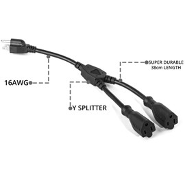 2 Way Splitter Extension Cord, 3 Prong Double Outlet Power Cord, 16 AWG, 1 Foot Black by ClearMax