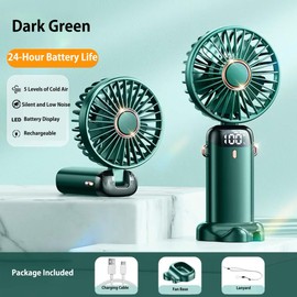 LXSMPWY Handheld Fan with Digital Display - 5 Speed Foldable USB Desk Fan, 1200mAh (8Hrs on Low), 90° Adjustable, 200g Ultra Light, Portable Fan for Office Travel Camping Outdoor - Green