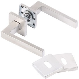 AGT Modern Door Fittings: Set of 2 Stainless Steel Door Fittings with 2 Latches & Rosettes, Square, Silver (Door Handle Set Inside, Interior Door Fitting, Silver)