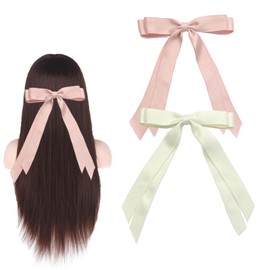 SALOCY Hair Ribbons,2 PCS Satin Hair Bows for Women Bows Clip for Girls With Long Tassel,Big Ribbon Bows Satin Hair Clip for Hair Design (Pink+Beige)