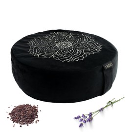 Black Velvet Embroidered Meditation Cushion - Buckwheat Filled with Lavender and Removable Foam Pad - Ideal for Yoga, Stress Relief, Mindfulness, and Holistic Living