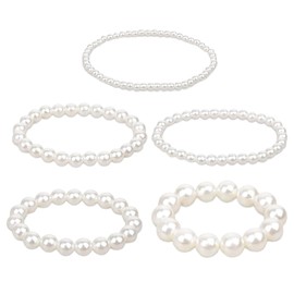 MEKEET 5PCS Stackable Pearl Bracelets Shiny and Charming Pearl Stretch Bracelets Set Stretchy Faux White Pearl Bracelet for Lady Party Dating Engagement Wedding Girls Bridesmaid Gift