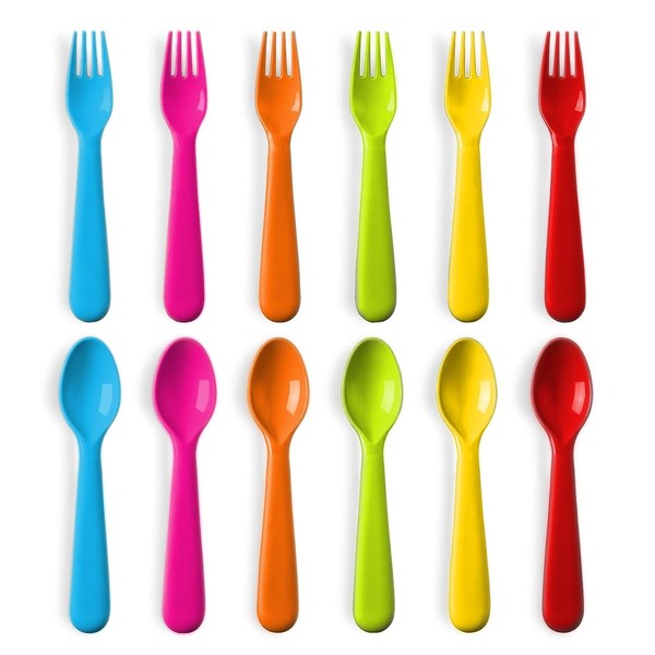 PLASKIDY Plastic Toddler Utensils Set of 12 Kids Utensils Forks