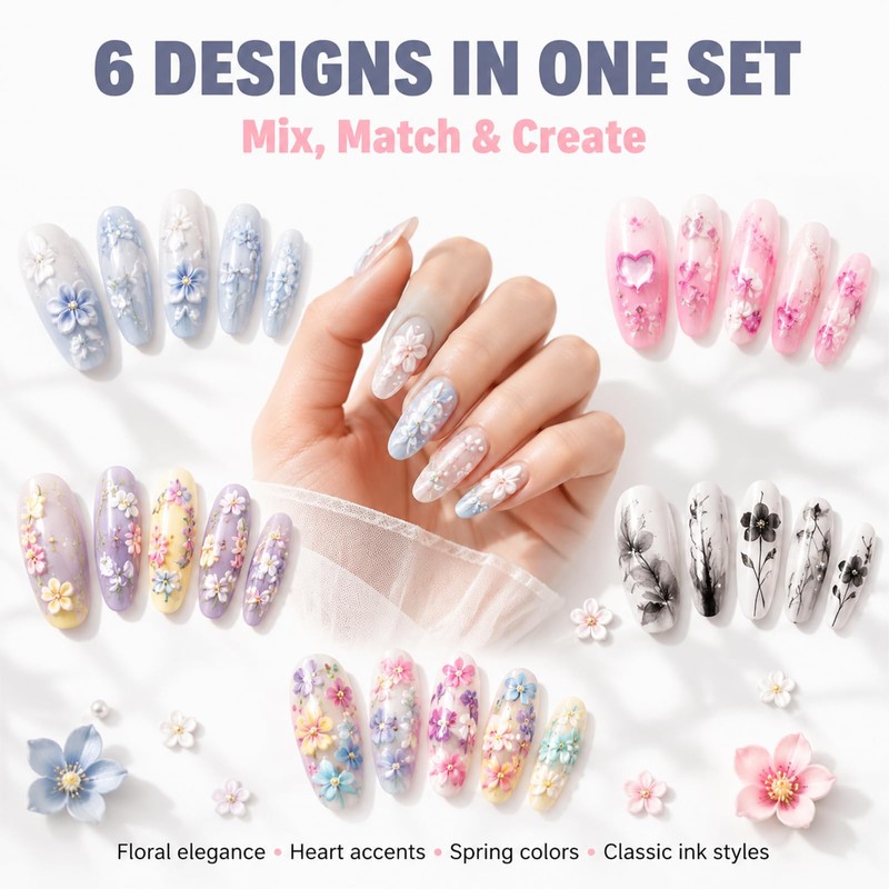 Cosblisvia 6 Sheets 5D Floral nail stickers For Beginners Brides