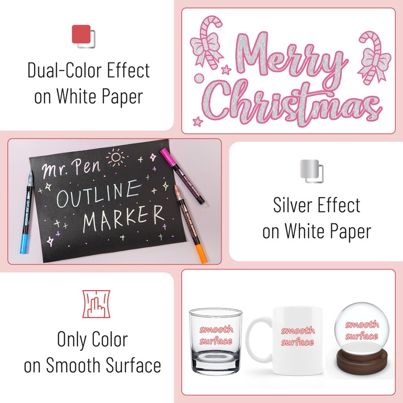 Mr. Pen- Double Line Outline Markers, 10 Colors, Self-Outline Metallic