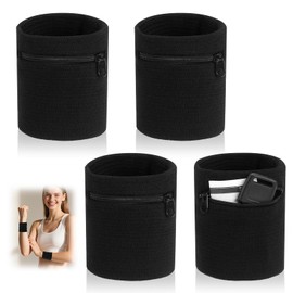 Pack of 4 Sweatband Sports Wristband, Wrist Bag with Practical Zip Pocket, Sweatband Wrist with Pocket, Cotton Sweatband Arm for Football, Basketball and Tennis Sports