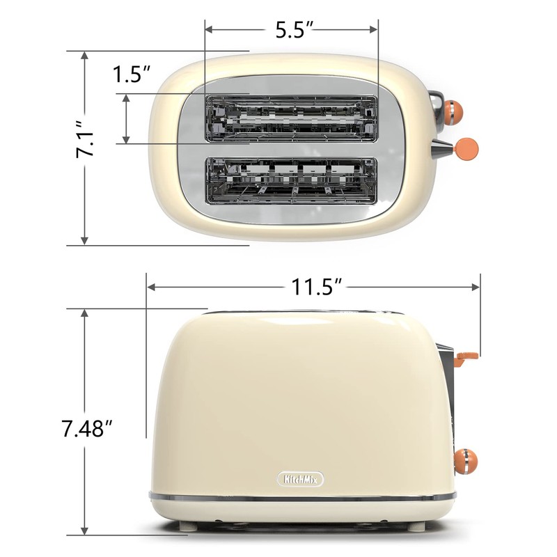 Toaster 2 slice, KitchMix Retro Stainless Steel Toaster with 6