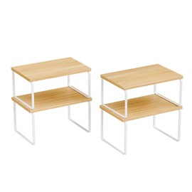 Ekisemio Kitchen Cabinet Organizer, Bamboo Spice Rack Organizer for Cabinet, Stackable & Expandable Counter Shelves, Set of 4, White and Natural
