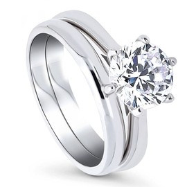 BERRICLE Sterling Silver Solitaire Wedding Engagement Rings 2 Carat Round Cut Cubic Zirconia CZ Ring Set for Women, Rhodium Plated Size 6.5