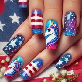 CJDLTS Independence Day Press on Nails Medium Square Stars Stripes False Nail Unicorn Pattern Design 4th July Press Ons Artificial Fingernails Full Cover Acrylic Manicure Glue on Nail for Women 24Pcs