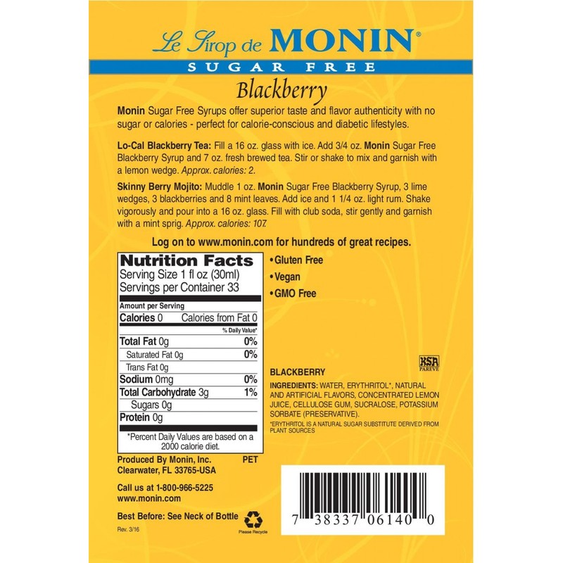 Monin Sugar-Free Blackberry Syrup Plastic Bottle, 1 Liter (33.8 fl