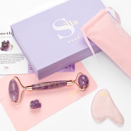 Scilla Rose Jade Roller Amethyst Roller and Rose Quartz Gua Sha Set - Face Roller and Guasha Stone Massager- Superior and Natural, Anti-Ageing Facial Massage Skincare Tools - Pamper Gifts for Women
