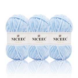 NICEEC 3 Skeins Soft Chenille Yarn Blanket Yarn for Knitting Fancy Yarn for Crochet Weaving DIY Craft Total Length 3×85m (3×93yds, 3×50g)_Light Blue